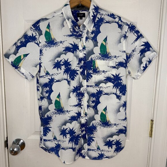 Vintage‎ J. Crew White Blue Hawaiian Print Shirt Size Medium Slim - Picture 1 of 7
